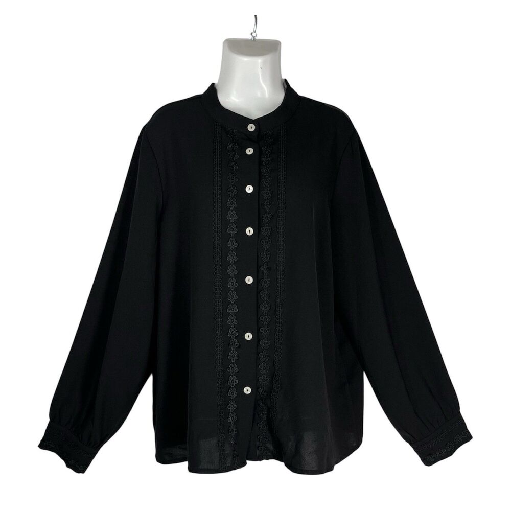 THEENKOLN Long Sleeve Blouse XL Black Lace Button Up Semi Sheer Boho Cottagecore